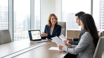 Compliance executive reviewing crypto AML program documentation with leadership team in modern office