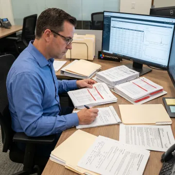 AML manager reviewing compliance reports