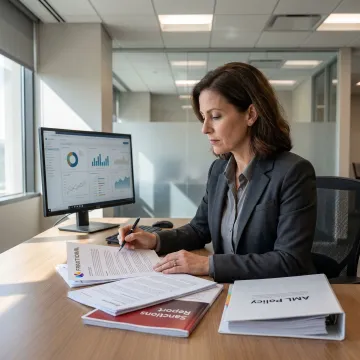 Compliance executive reviewing AML program documentation