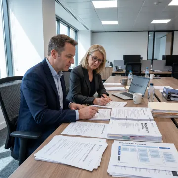 Payment compliance consultants reviewing licensing documents