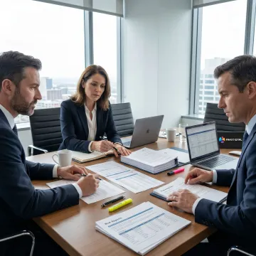 Financial due diligence consultants reviewing compliance documents