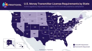 U.S. state regulatory map highlighting states with active money transmitter license requirements