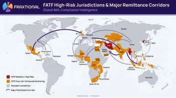 World map highlighting FATF high-risk jurisdictions and major remittance corridors
