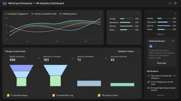 AI-powered mental health benefits platform dashboard showing employee care matching and analytics