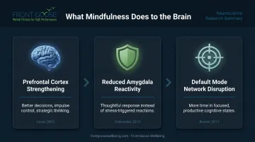 Three key brain changes from mindfulness practice neuroscience infographic