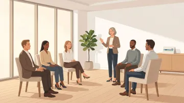 Corporate leadership team participating in guided mindfulness session during workplace offsite retreat