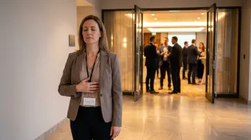 Professional woman practicing mindful breathing before conference networking event