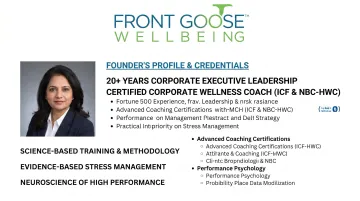 Front Goose Wellbeing founder credentials and certifications displayed on professional profile