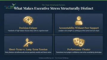 Four unique executive stress factors infographic decision fatigue accountability tension theater