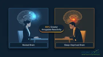 Split illustration contrasting rested versus sleep-deprived brain emotional reactivity states