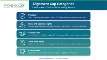 Five executive team alignment gap types comparison table infographic