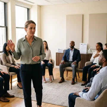 Facilitator guiding a corporate stress management workshop