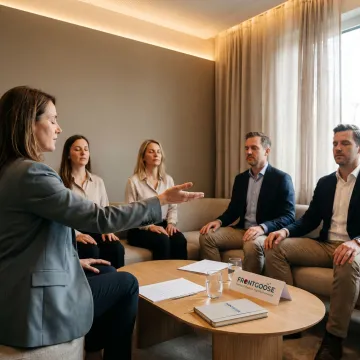 Facilitator guiding executives through a team performance workshop