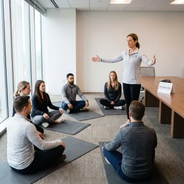 Corporate team practicing guided meditation at work