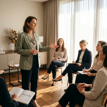 Facilitator guiding women through leadership workshop exercises