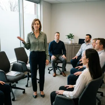Corporate wellness facilitator leading meditation at work