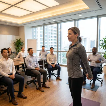 Corporate team participating in an on-site yoga and meditation program