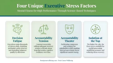Four unique executive stress factors infographic decision fatigue accountability tension theater