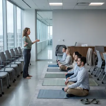 Corporate team practicing yoga and meditation at work