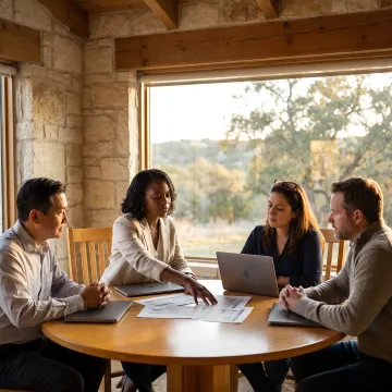 Executive team planning a retreat agenda in a Hill Country venue