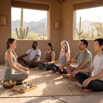 Luxury meditation retreat group practicing yoga outdoors
