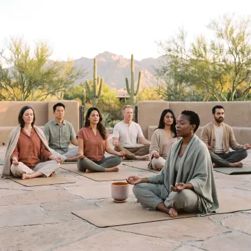 Small group practicing yoga at a desert wellness retreat