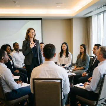 Corporate audience practicing mindfulness during keynote