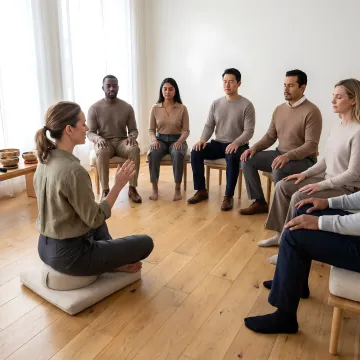 Corporate team participating in a wellness retreat workshop