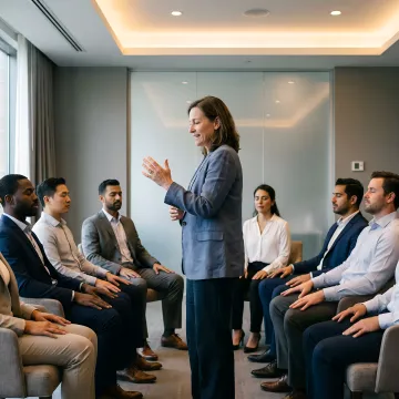 Wellness speaker leading mindfulness exercise at corporate event