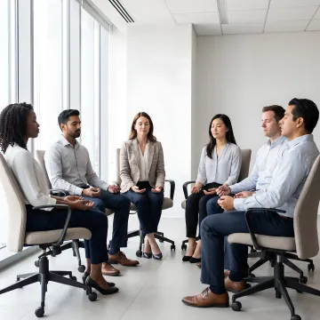 Executives practicing guided meditation in a leadership workshop