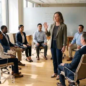 Facilitator guiding a corporate stress management workshop