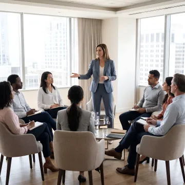 Facilitator guiding women through leadership workshop exercises