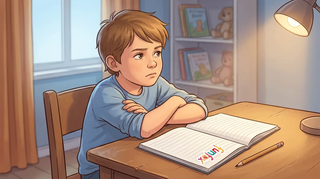 Frustrated child sitting at desk avoiding writing homework with pencil down