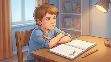 Frustrated child sitting at desk avoiding writing homework with pencil down