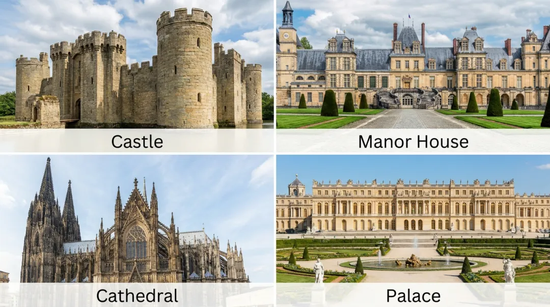 Historic castle manor house cathedral and palace landmark buildings collage