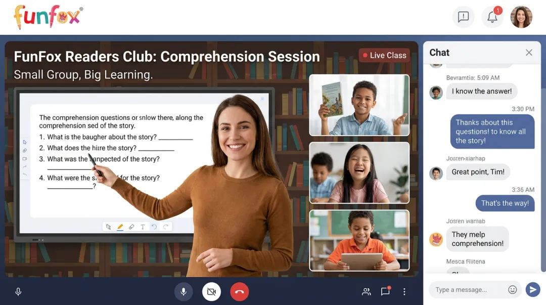 FunFox Readers Club live online small group comprehension session for primary students