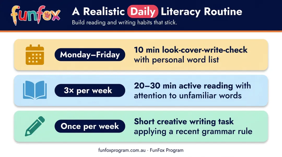 Weekly spelling and grammar daily practice routine schedule for primary school children