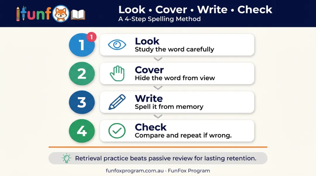 Look cover write check four-step spelling practice method for primary students