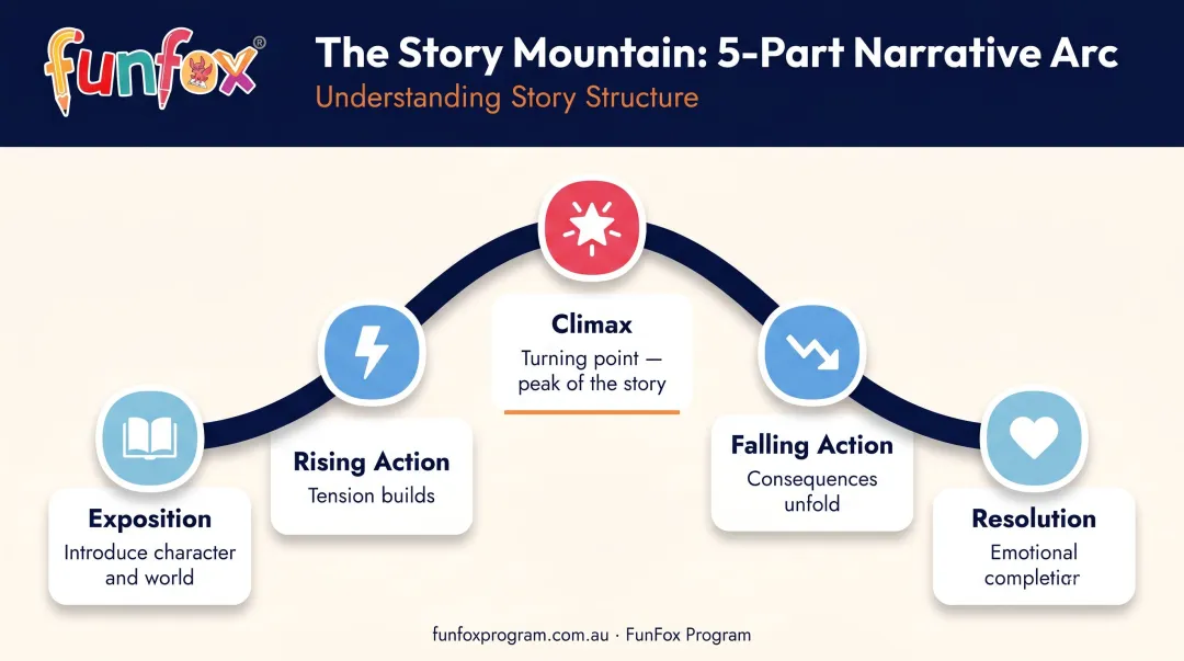 Five-part narrative story arc from exposition to resolution process flow diagram