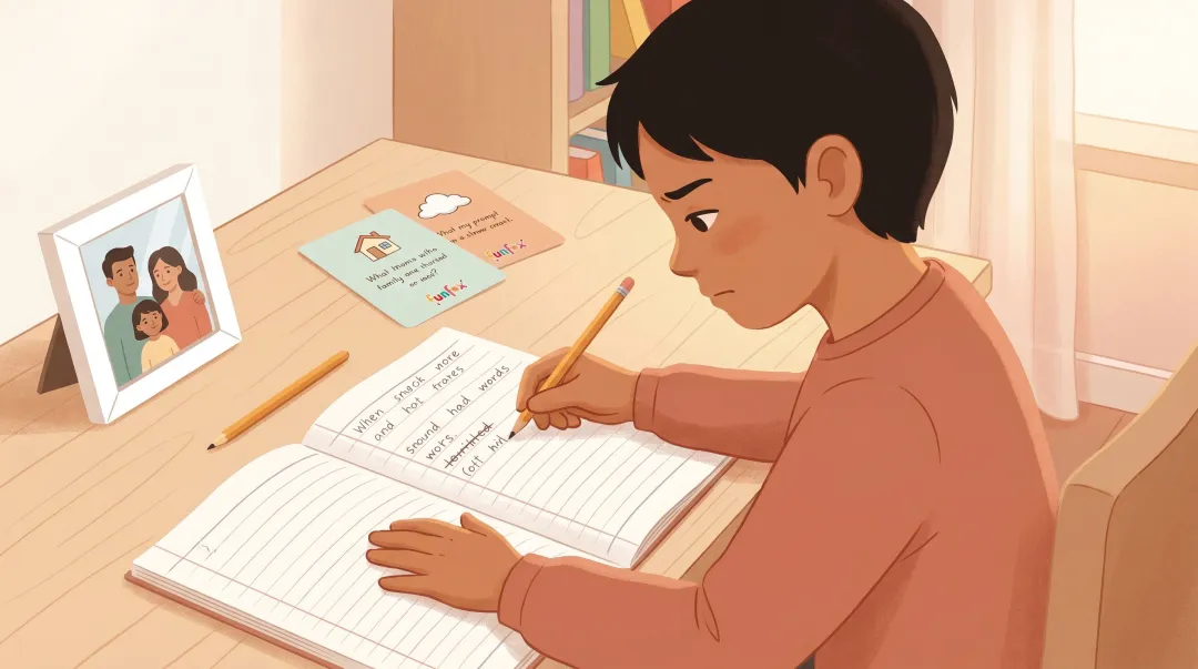 Child writing in notebook at desk with photos and story prompts nearby