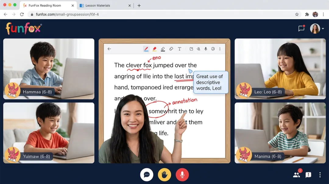 FunFox small group online learning session with students and teacher on screen