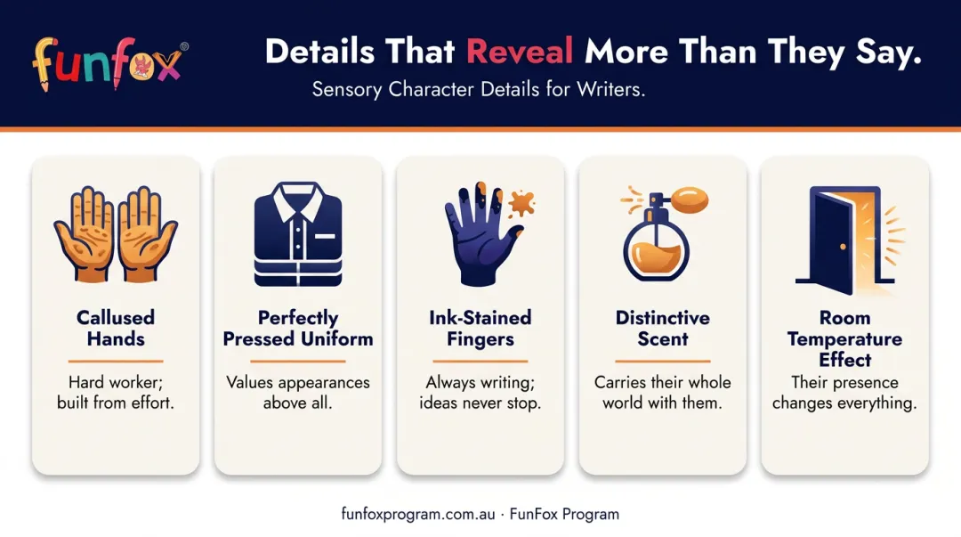 Five sensory character detail examples revealing personality beyond physical appearance