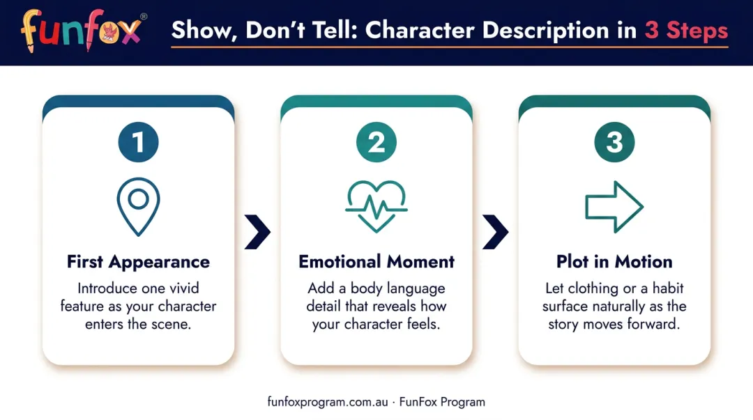 Three-step process for weaving character description naturally into narrative story