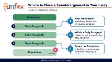 Three counter argument placement options in essay structure flow diagram