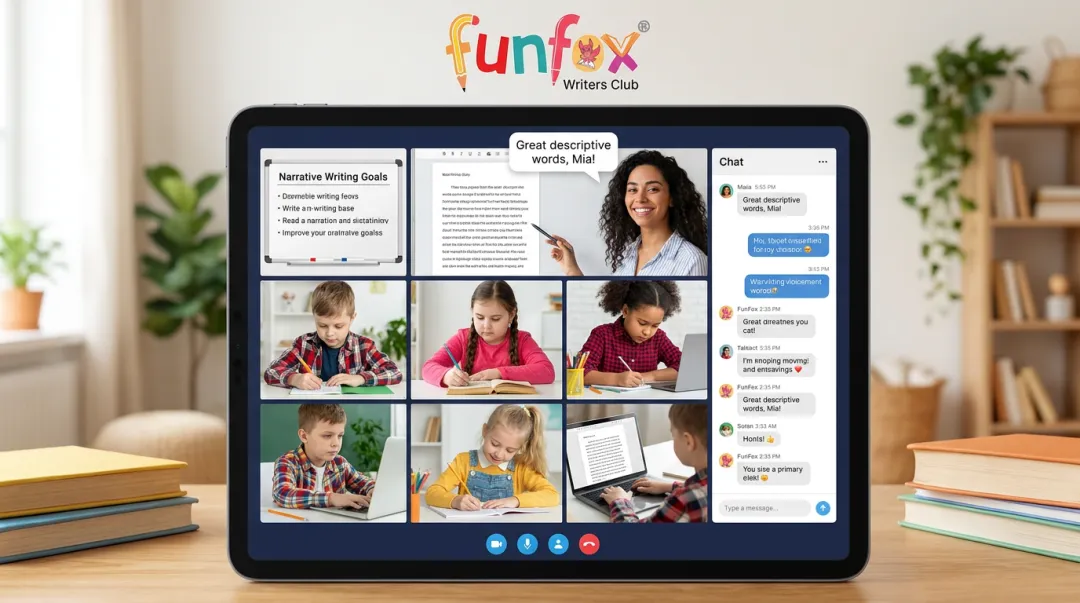 FunFox Writers Club live online session with small group of primary students
