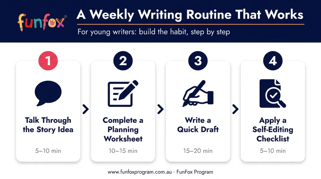 Four-step weekly narrative writing routine for Grade 4 students at home