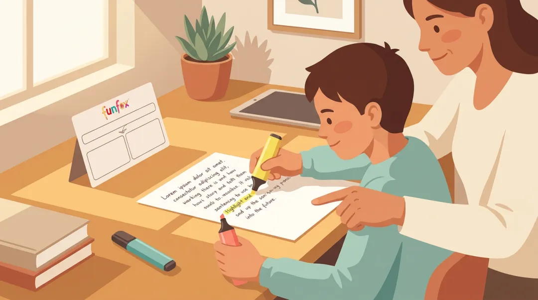 Parent and child colour-coding a paragraph writing draft together at home desk