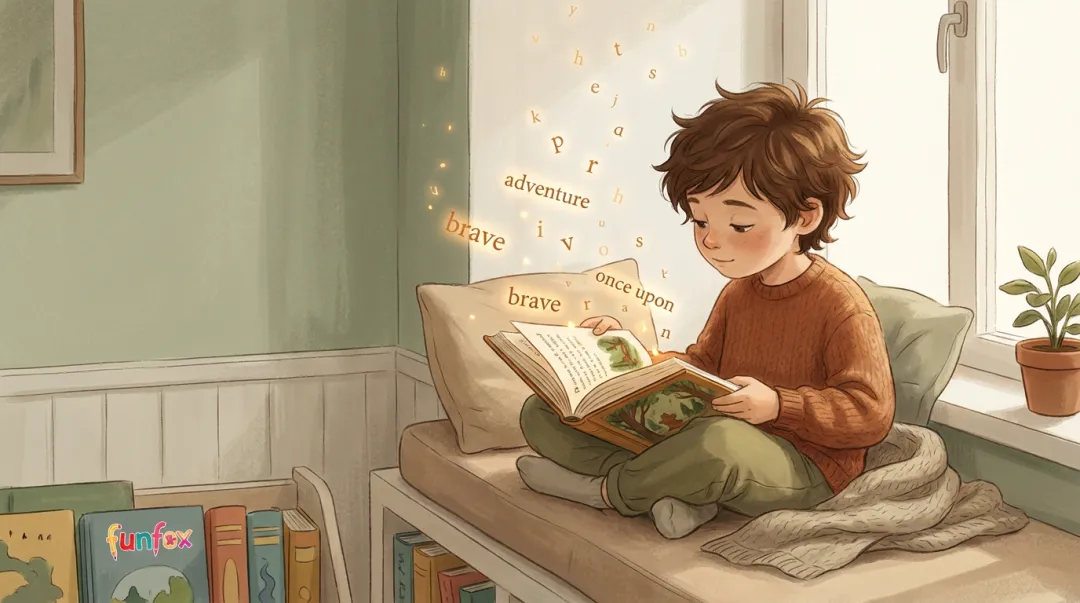 Child deeply engaged reading storybook with glowing words lifting off pages