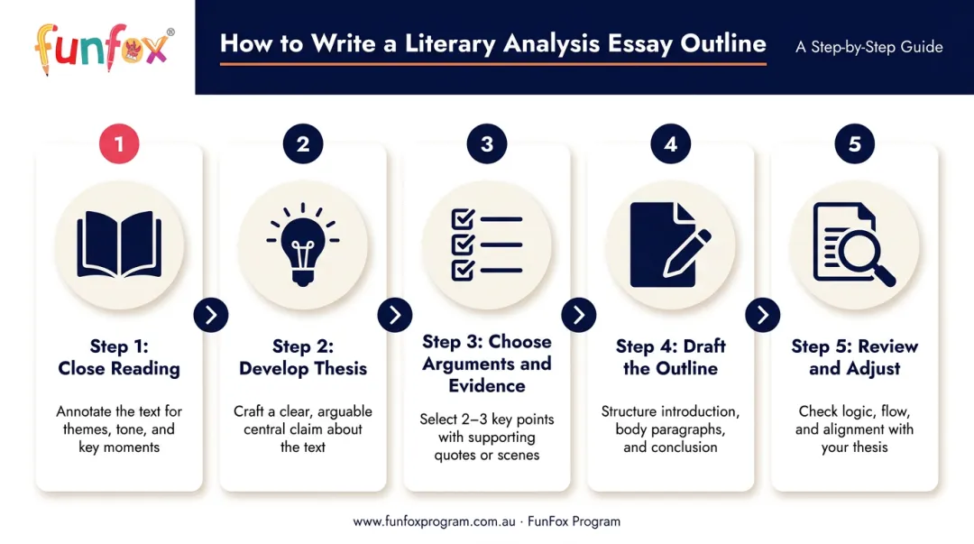 Five-step literary analysis essay outline creation process flow diagram