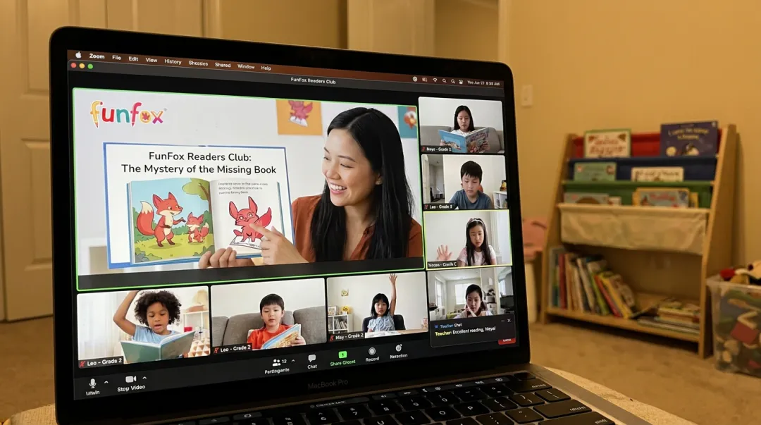 FunFox Readers Club live online small-group reading comprehension session on Zoom